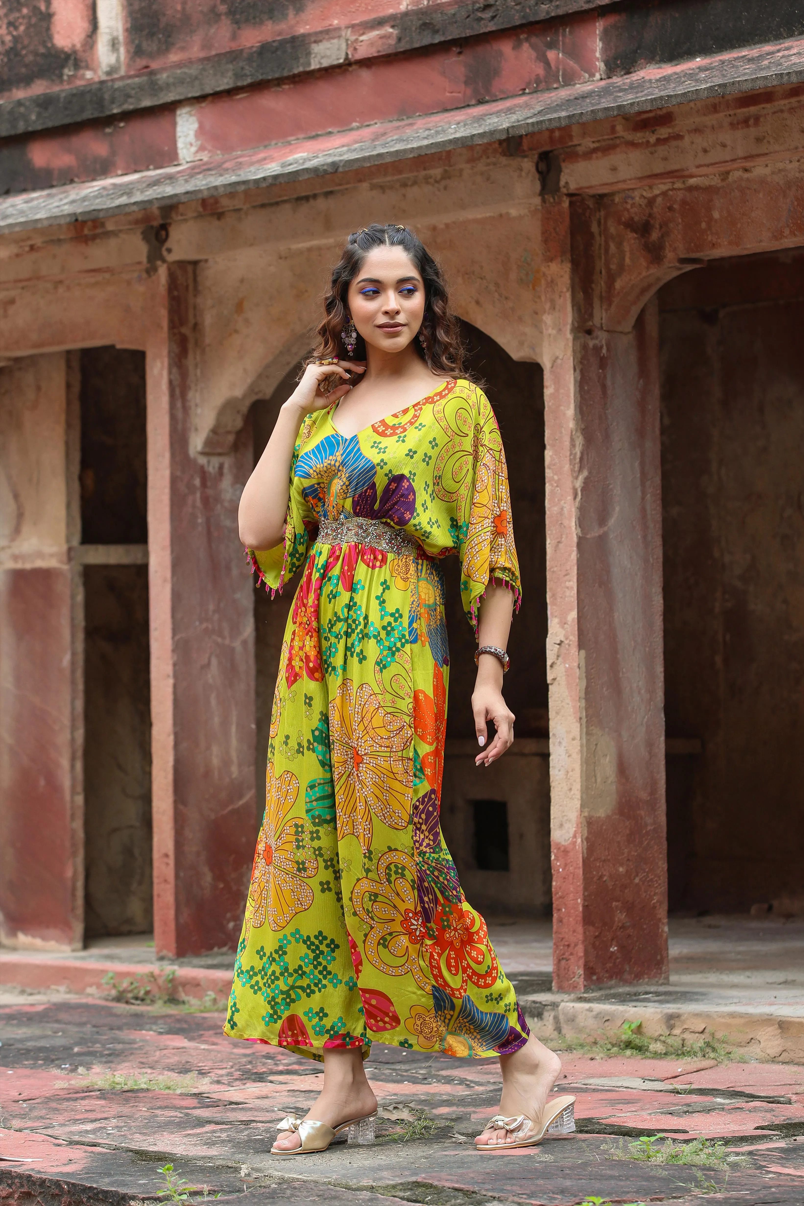 Lime Green Chinon Silk Floral Printed Jumpsuit