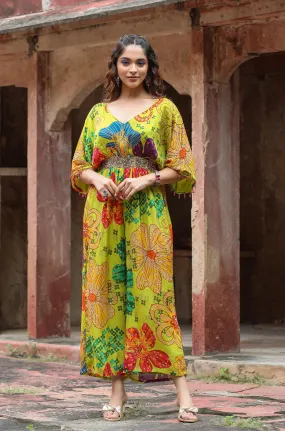 Lime Green Chinon Silk Floral Printed Jumpsuit