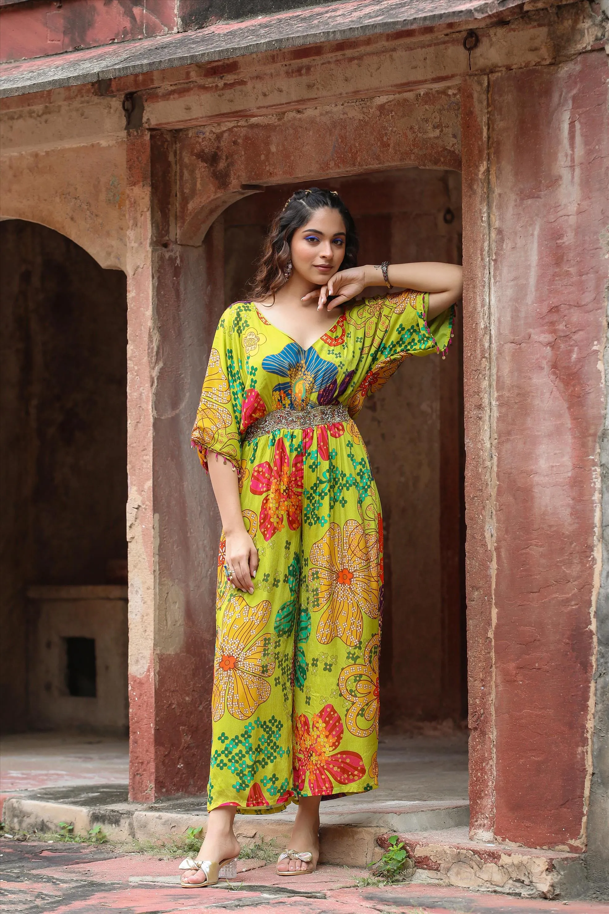 Lime Green Chinon Silk Floral Printed Jumpsuit