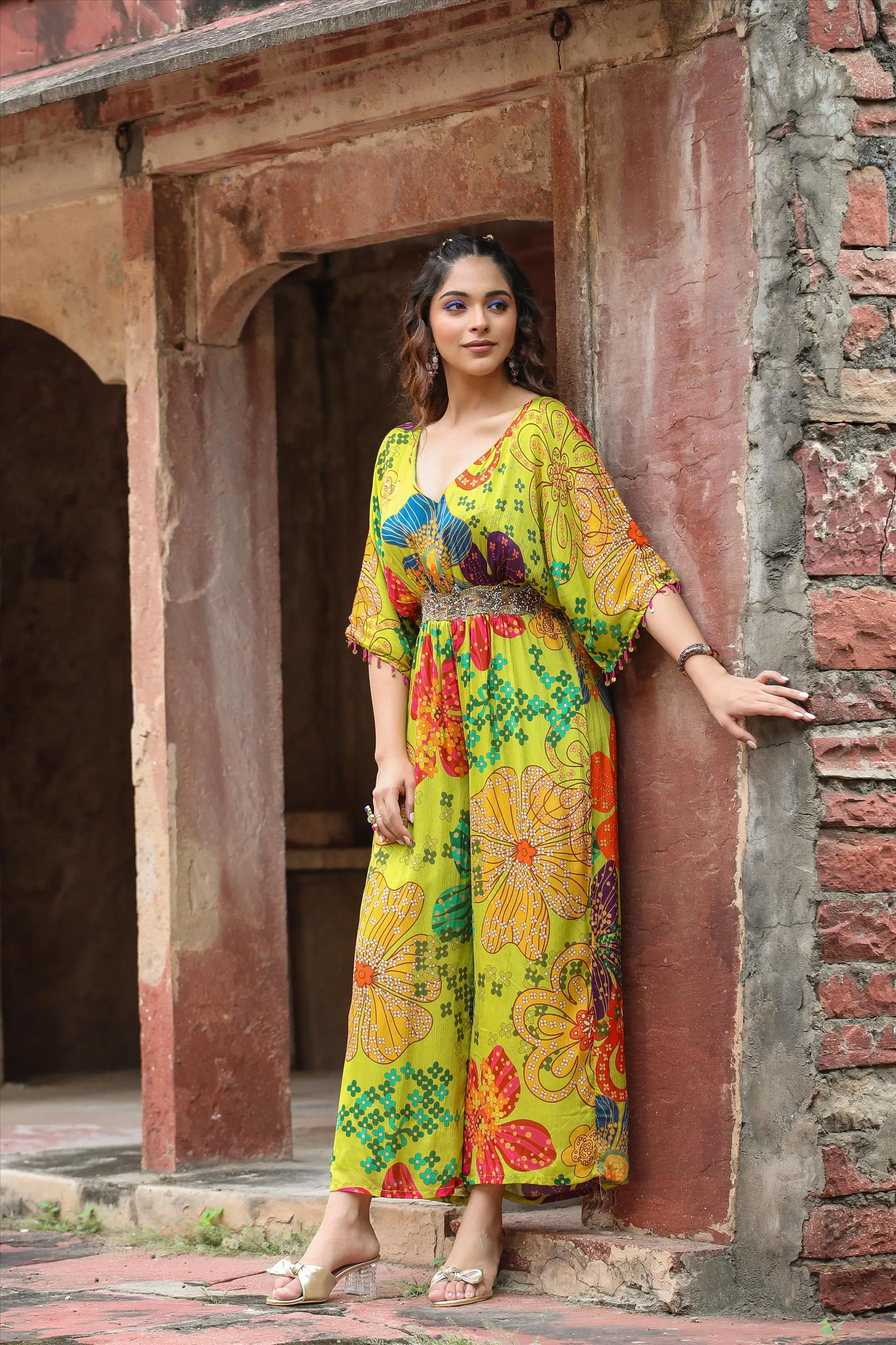 Lime Green Chinon Silk Floral Printed Jumpsuit