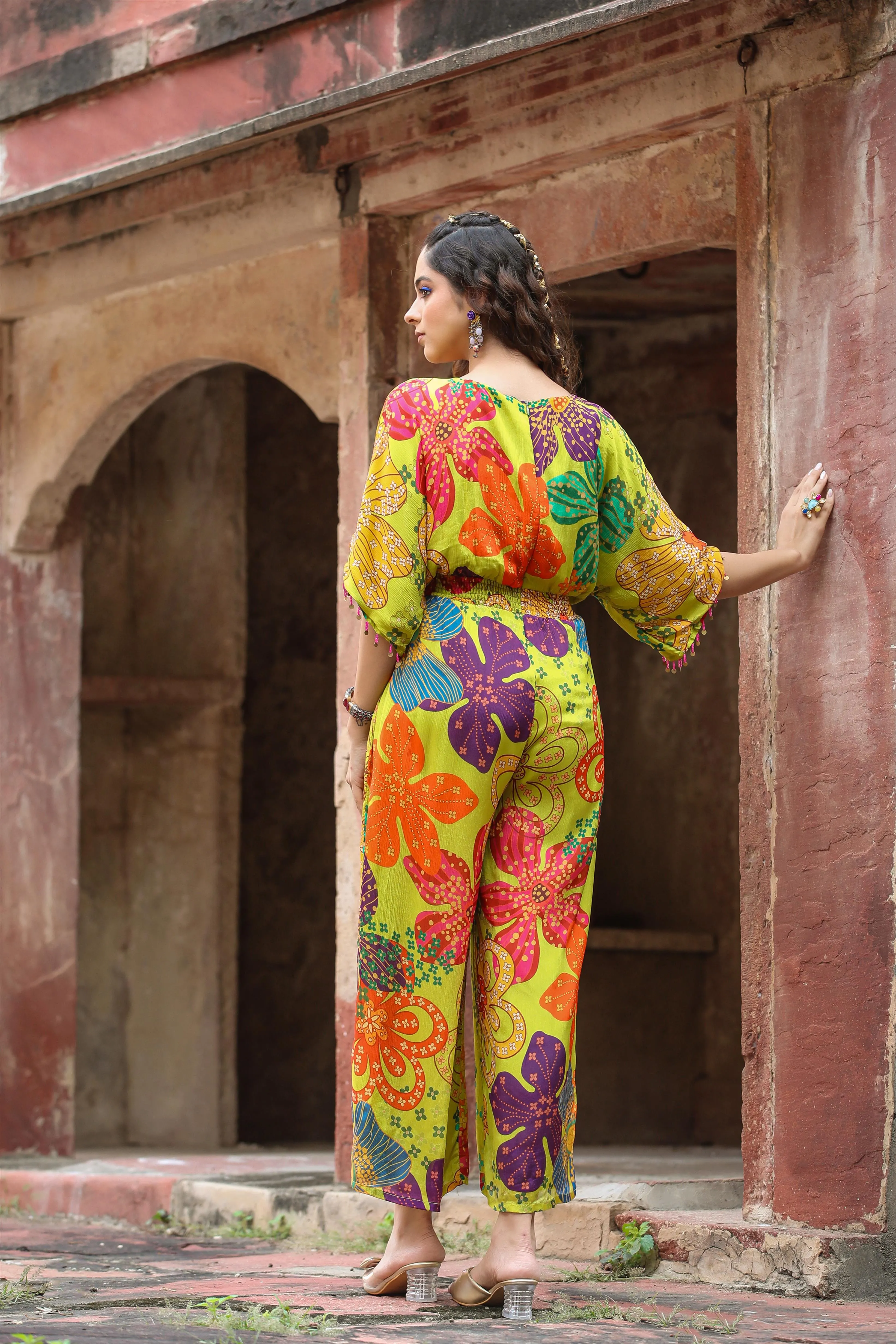 Lime Green Chinon Silk Floral Printed Jumpsuit