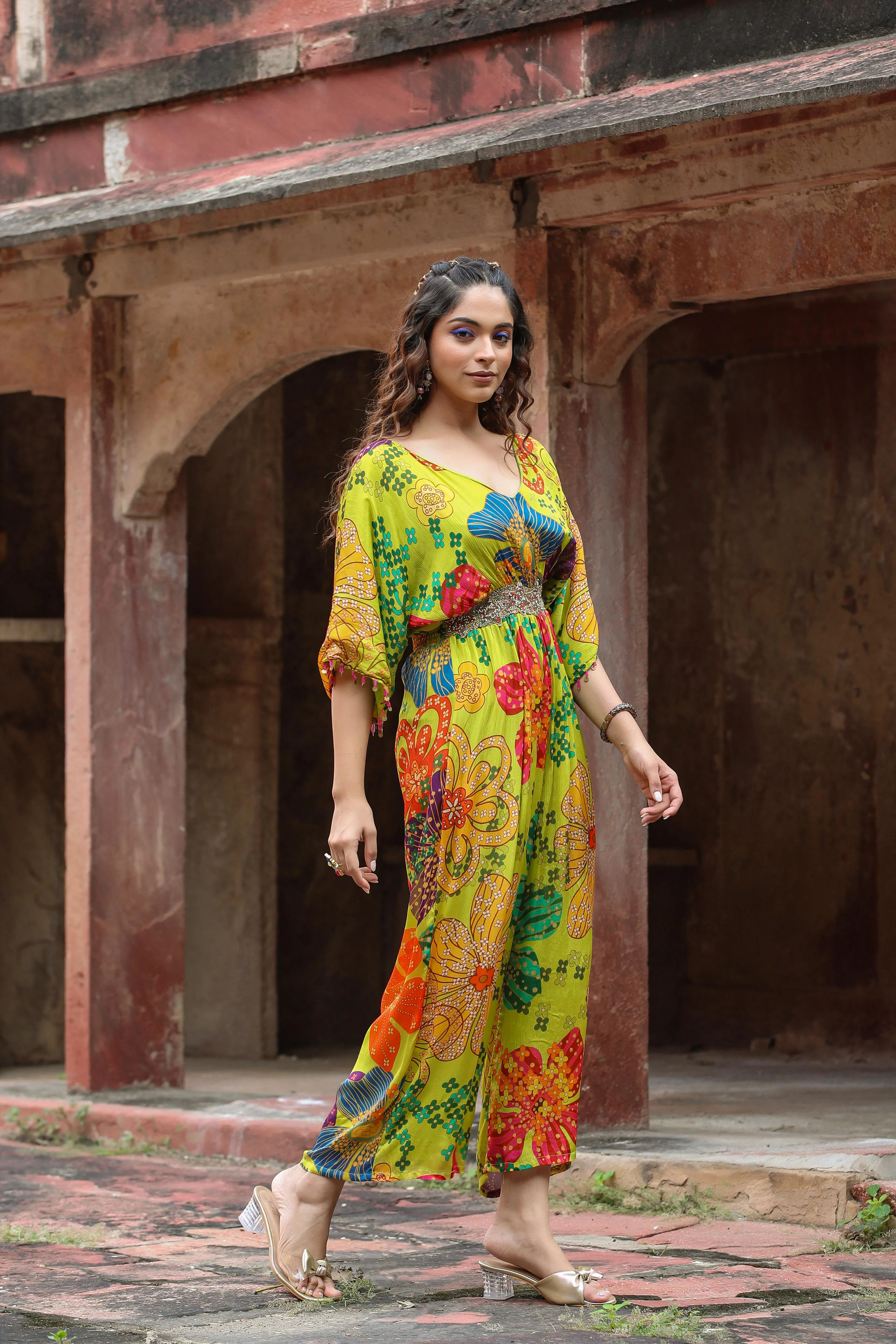 Lime Green Chinon Silk Floral Printed Jumpsuit