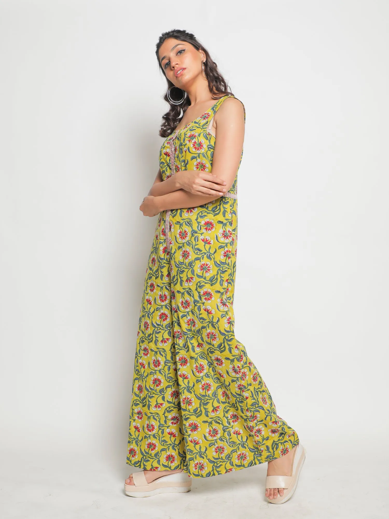Makeba Jumpsuit - Yellow & Green Hand Block Printed Cotton Jumpsuit