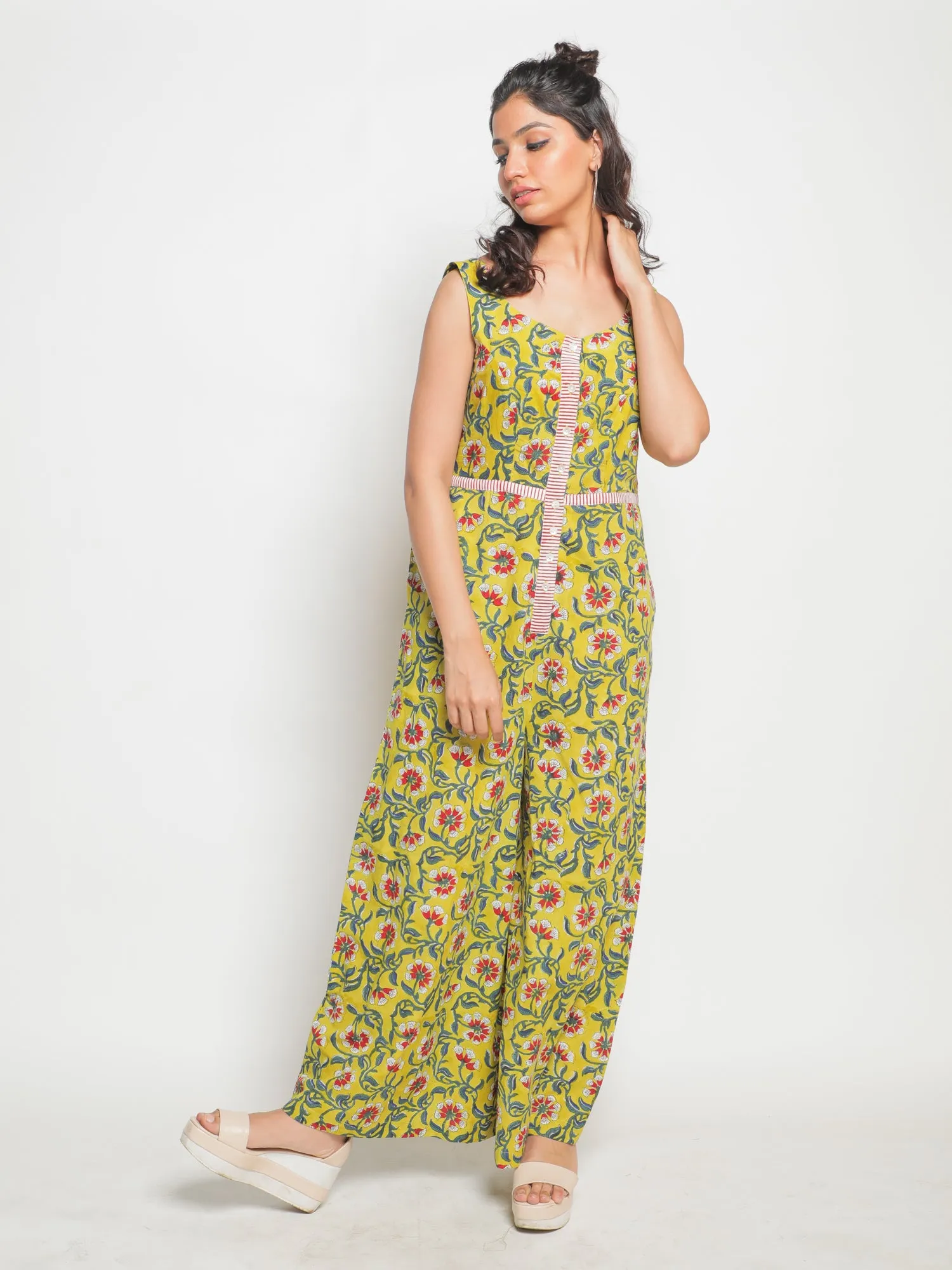 Makeba Jumpsuit - Yellow & Green Hand Block Printed Cotton Jumpsuit