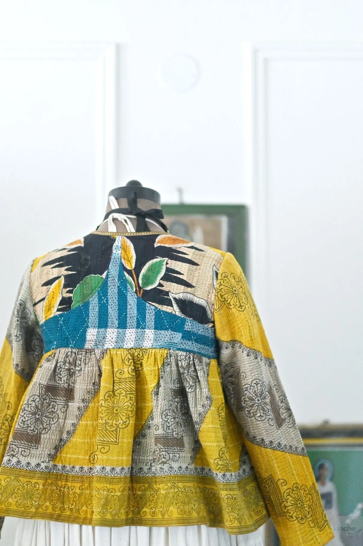 Medium, New York, Hand Crafted & Hand Embroidered Kantha Kediya Jacket in Yellow