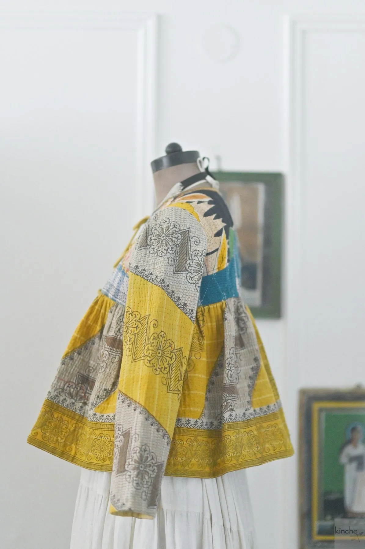 Medium, New York, Hand Crafted & Hand Embroidered Kantha Kediya Jacket in Yellow