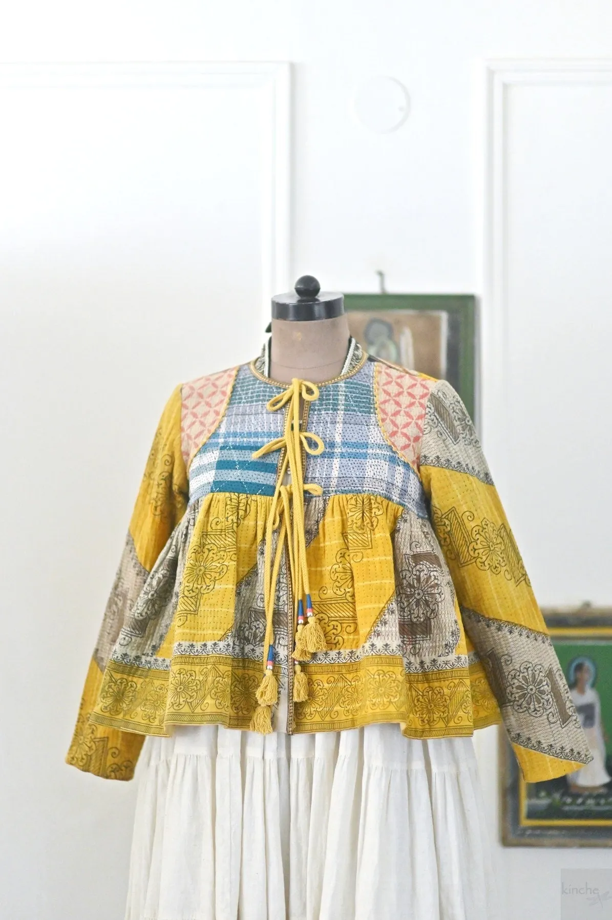Medium, New York, Hand Crafted & Hand Embroidered Kantha Kediya Jacket in Yellow