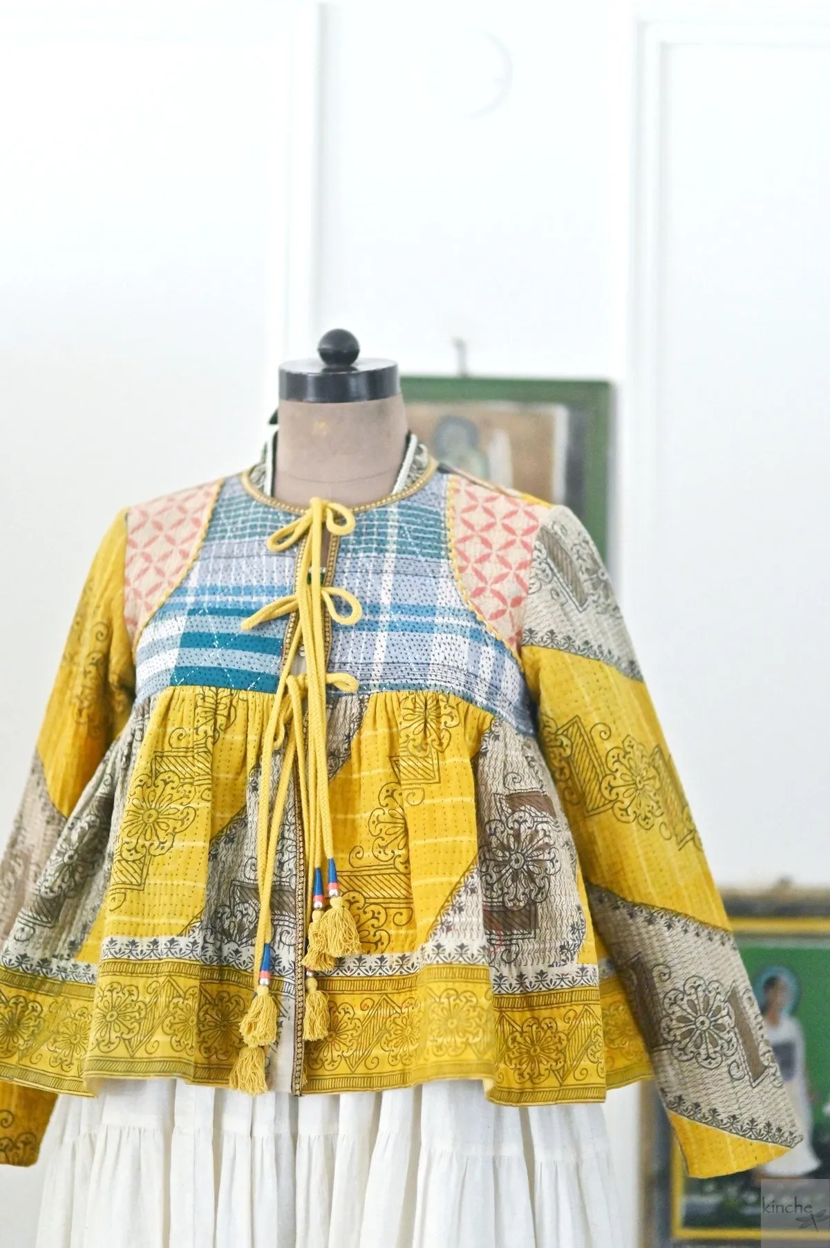 Medium, New York, Hand Crafted & Hand Embroidered Kantha Kediya Jacket in Yellow
