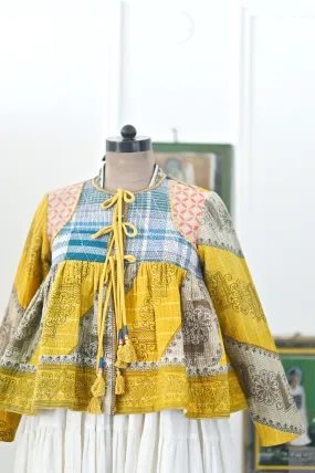 Medium, New York, Hand Crafted & Hand Embroidered Kantha Kediya Jacket in Yellow
