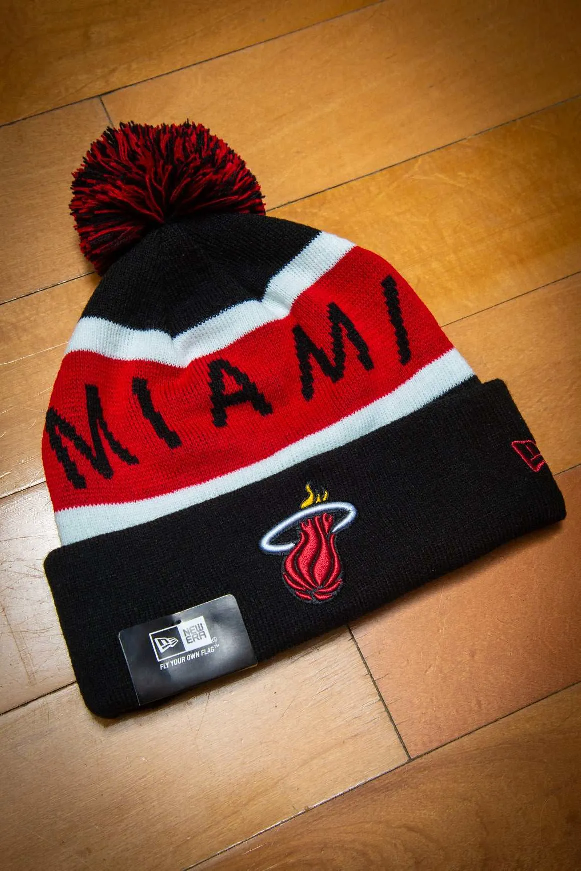 Miami Heat Rep Red Black Cuffed Knit Sport Beanie Hat with Pom