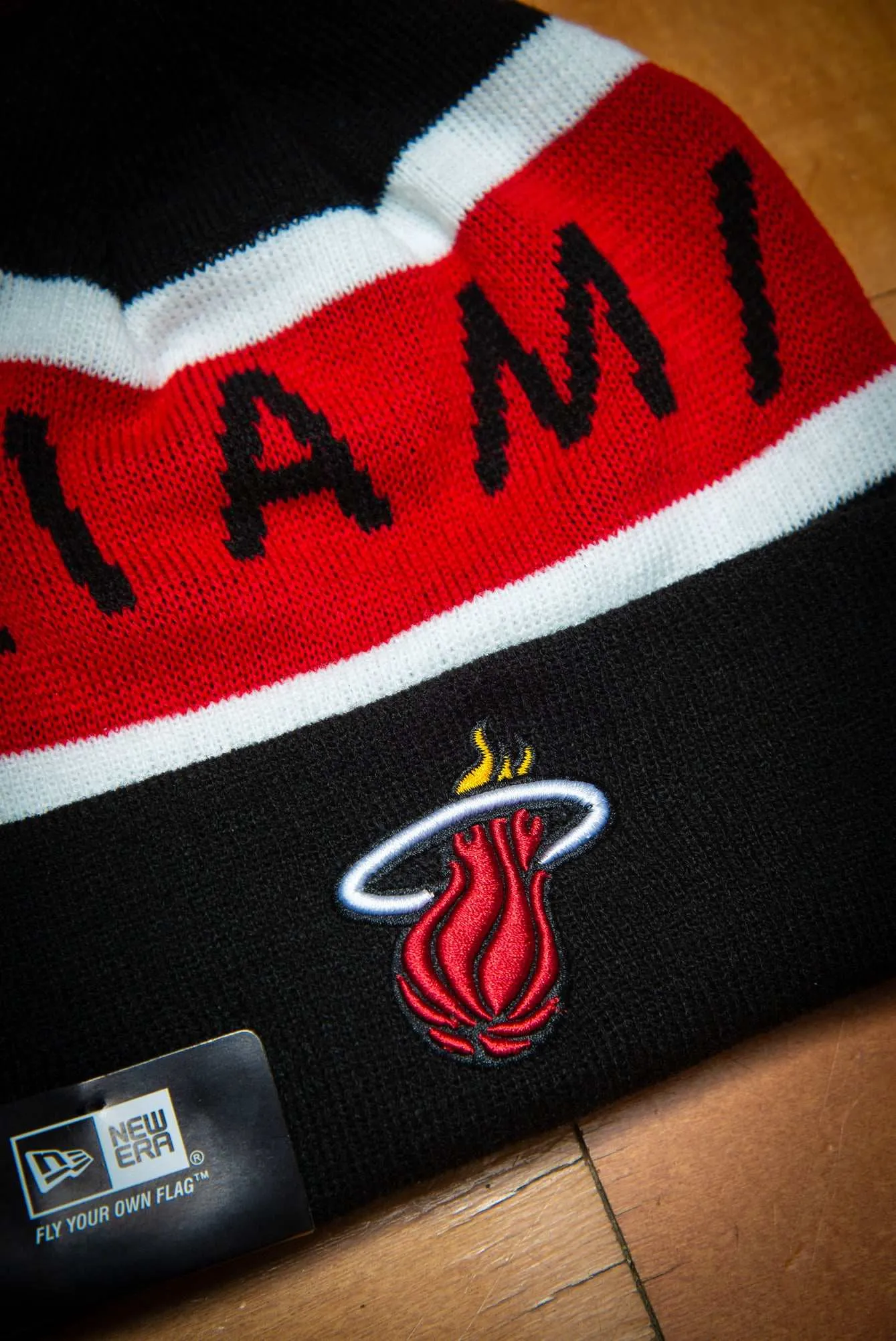 Miami Heat Rep Red Black Cuffed Knit Sport Beanie Hat with Pom