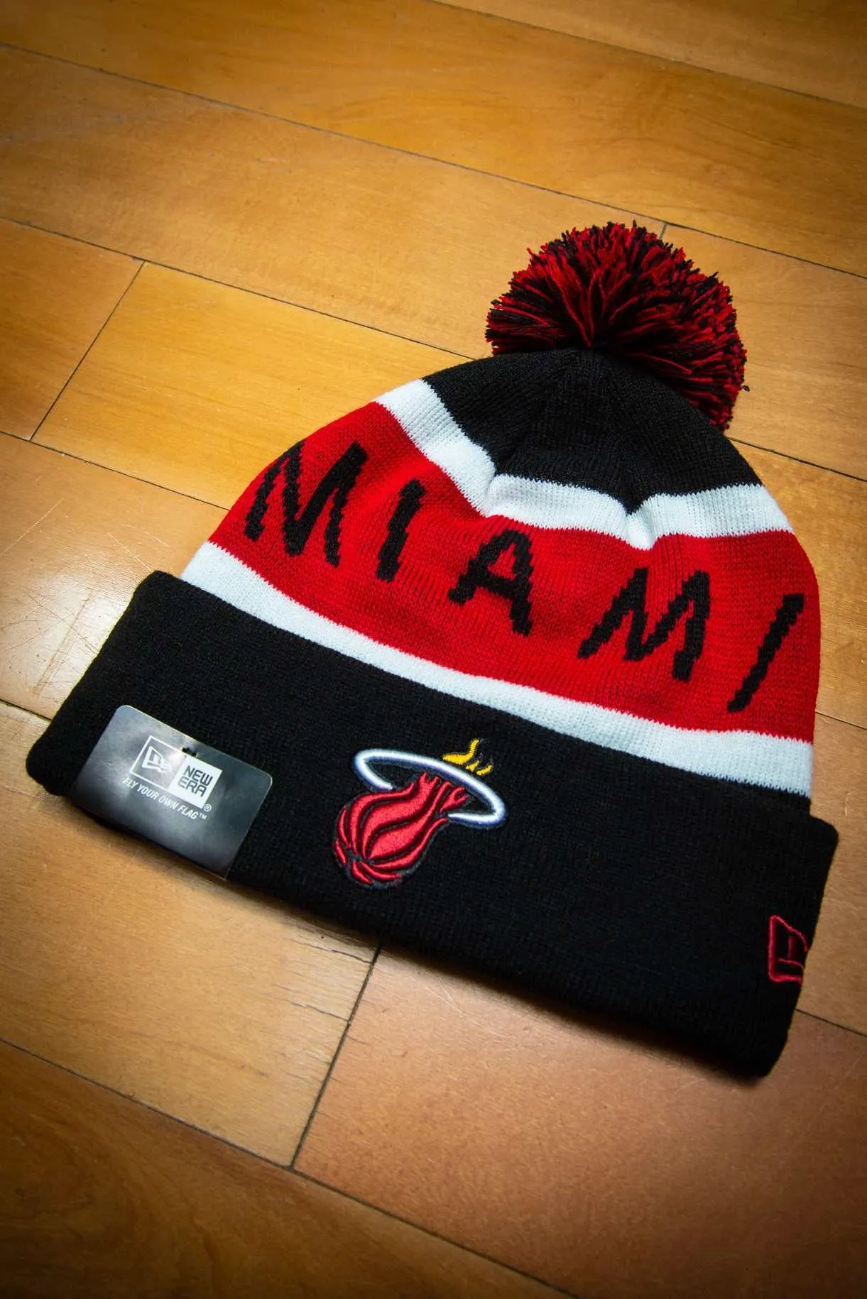 Miami Heat Rep Red Black Cuffed Knit Sport Beanie Hat with Pom
