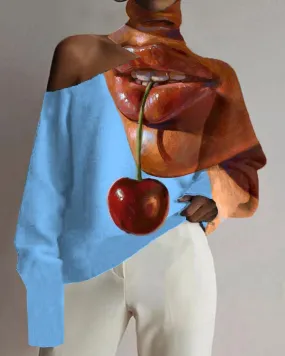 Oil Painting Art Negro Print Cutout Turtleneck Top