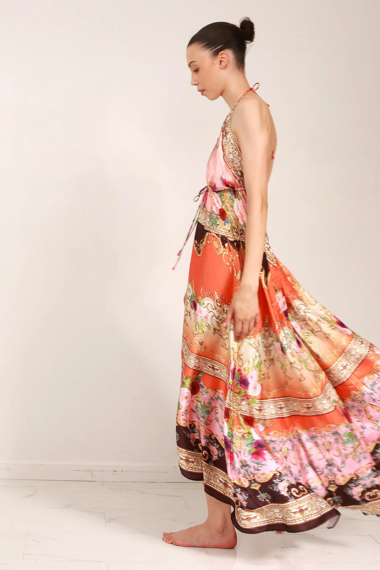 Orange Print Maxi Dress For Women