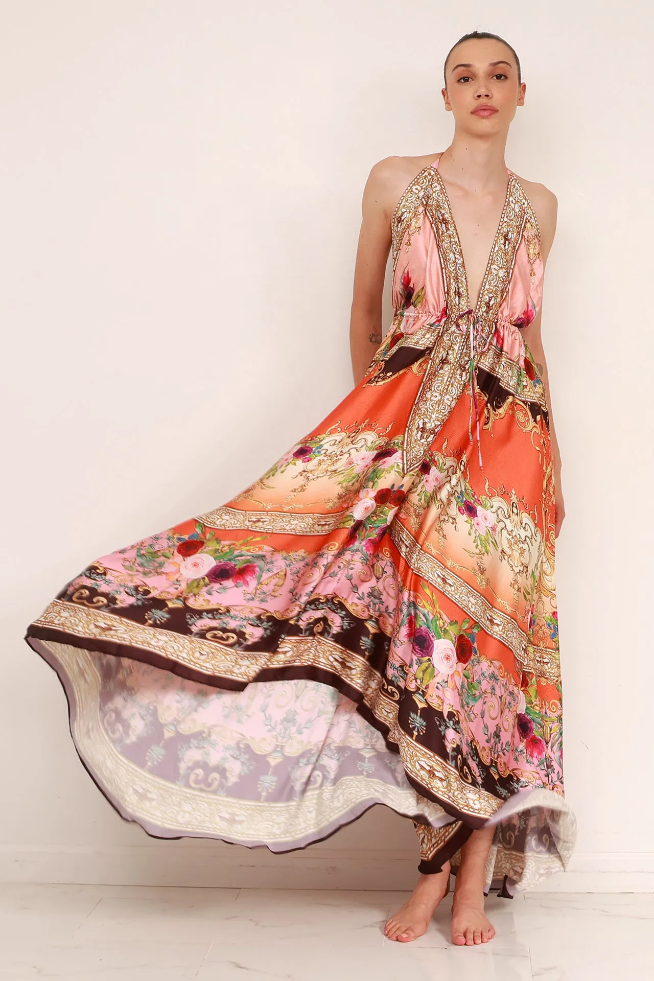 Orange Print Maxi Dress For Women
