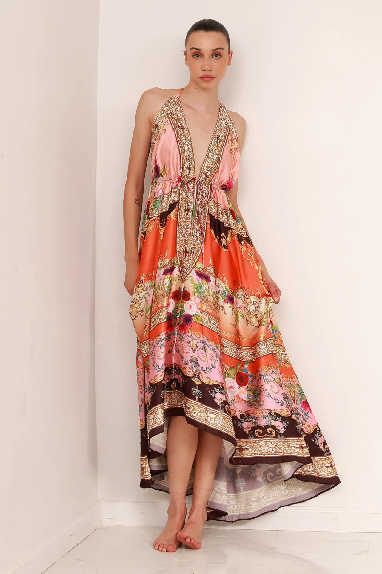 Orange Print Maxi Dress For Women