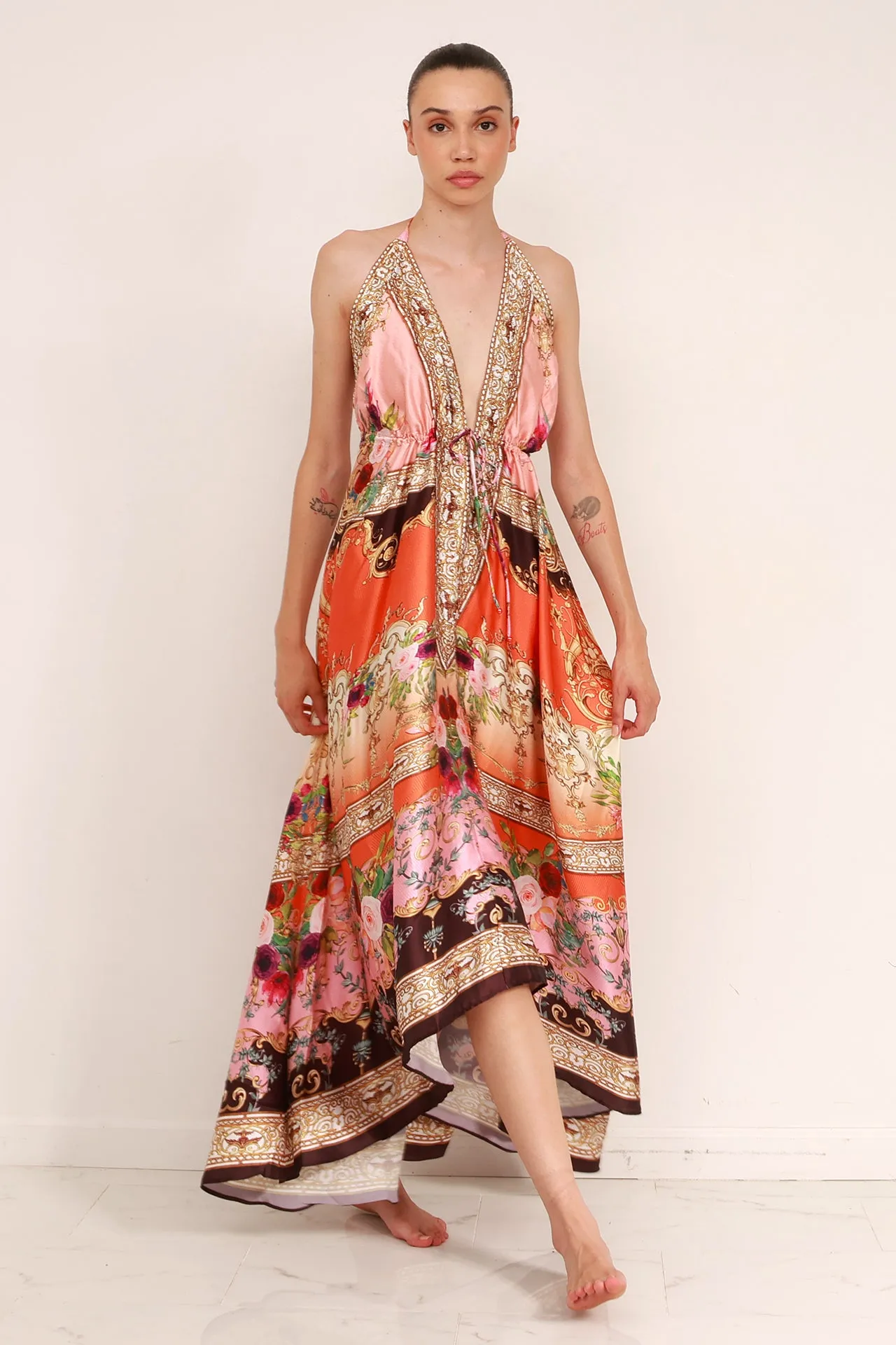Orange Print Maxi Dress For Women