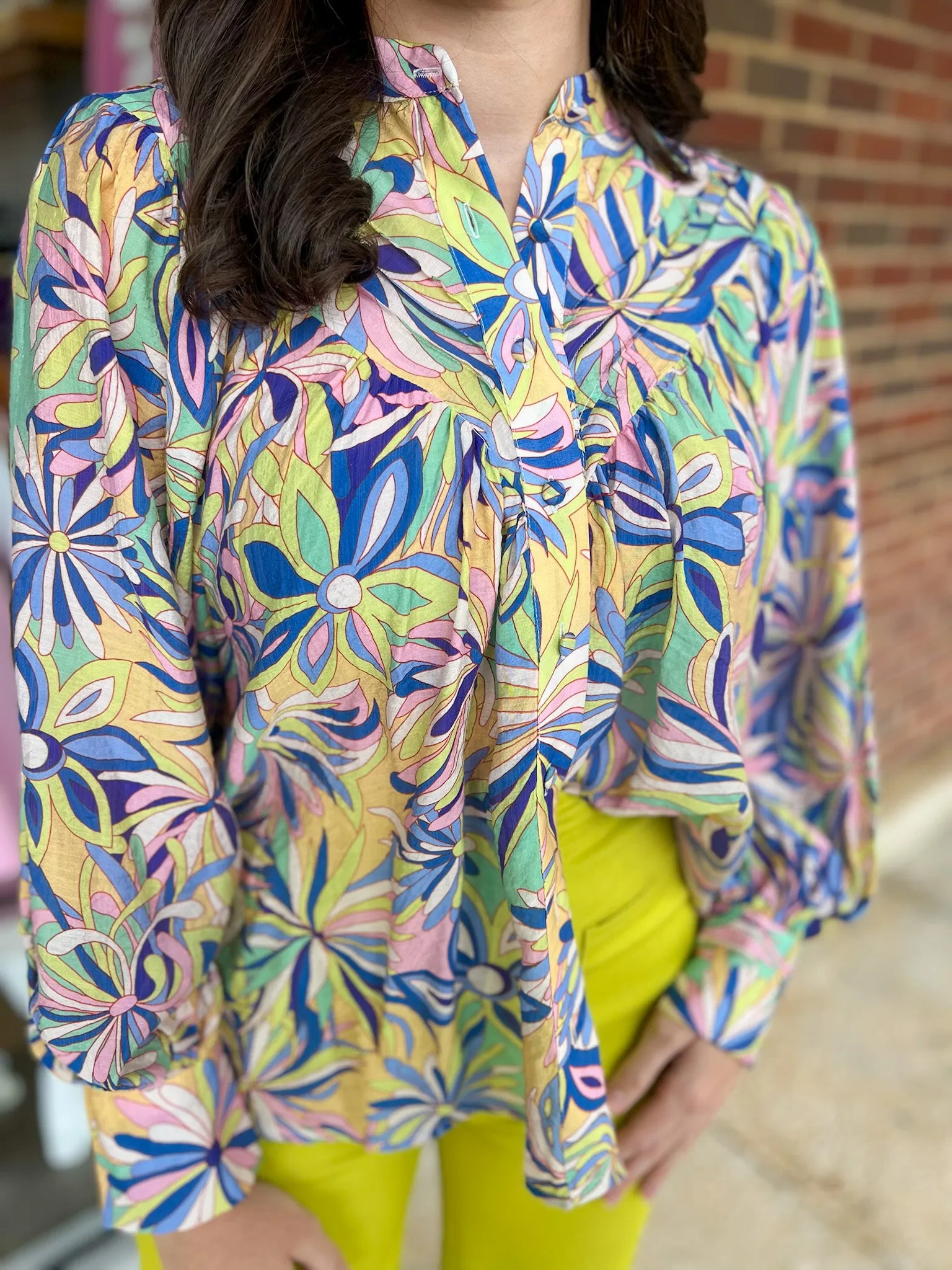 Out For Fun Blue Floral Print Button Down Top