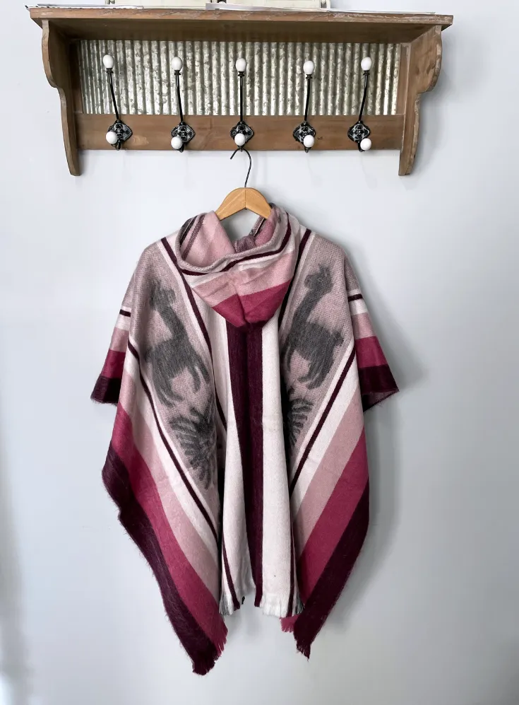 Pretty Soft Hooded Artisan Pink Striped Alpaca Poncho