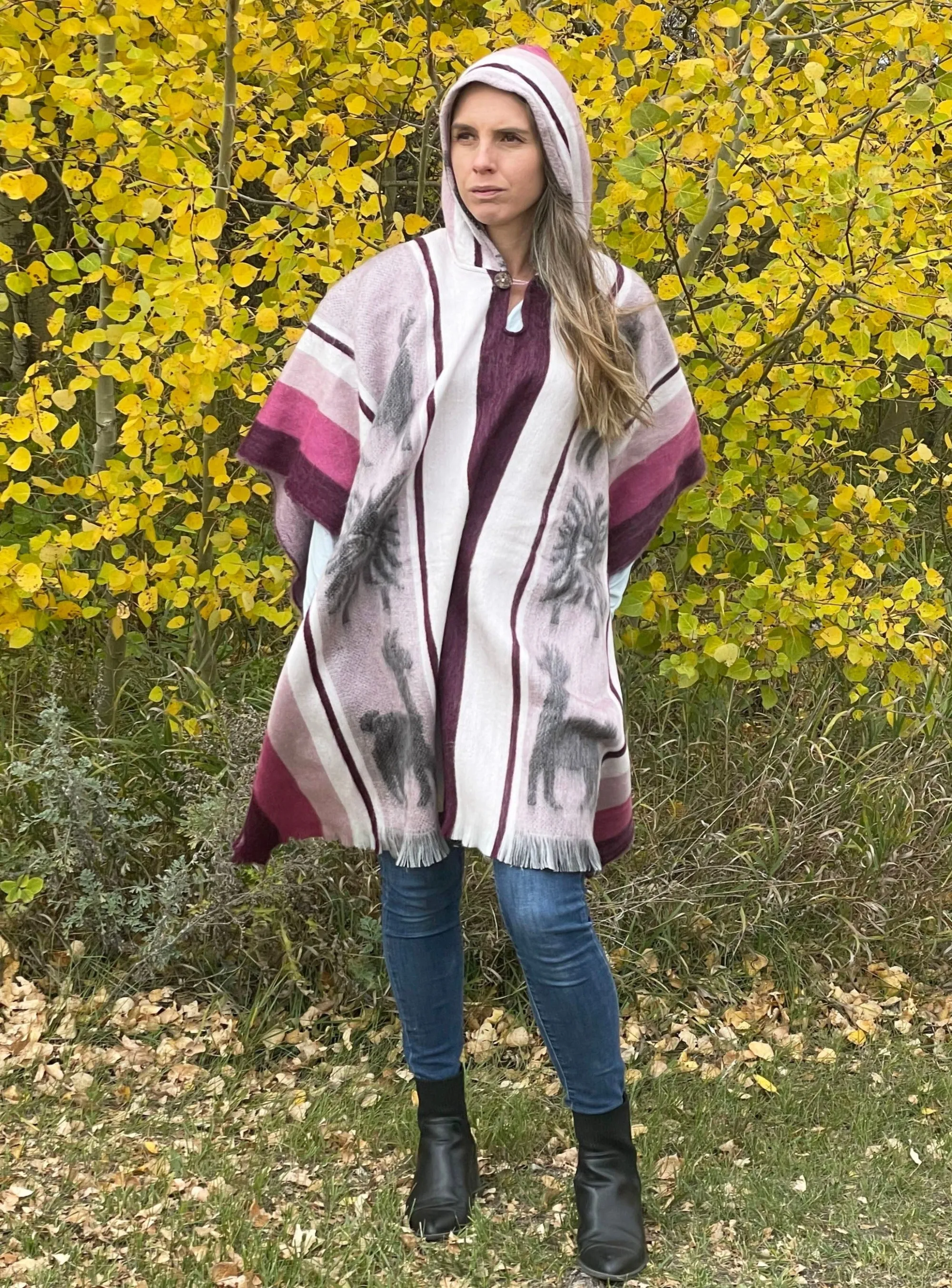 Pretty Soft Hooded Artisan Pink Striped Alpaca Poncho