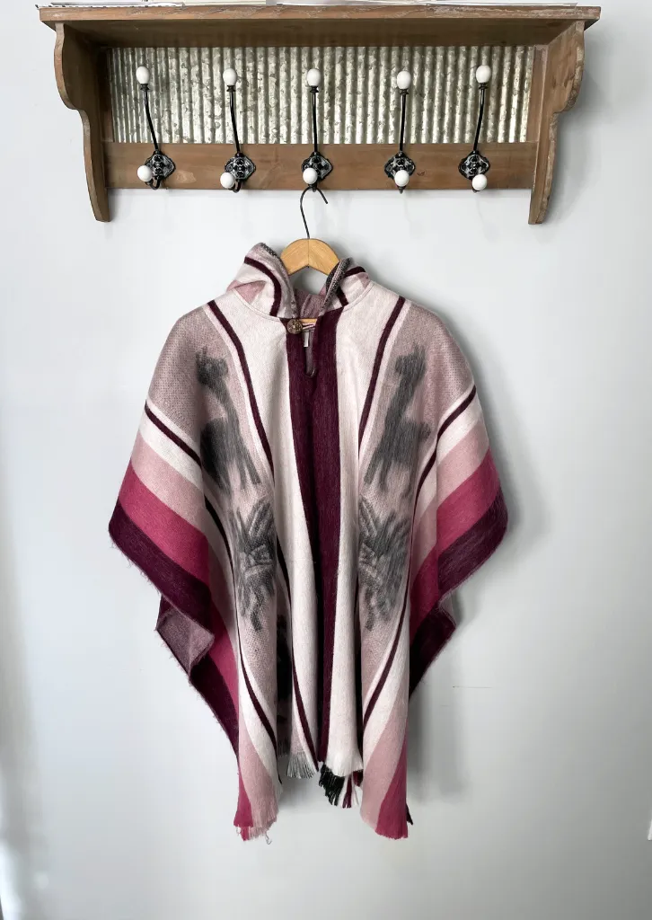 Pretty Soft Hooded Artisan Pink Striped Alpaca Poncho