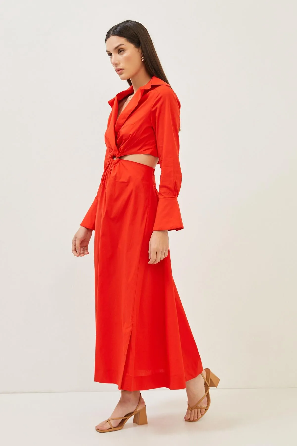 Red Cotton Cut Out Detail Long Sleeve Maxi Dress