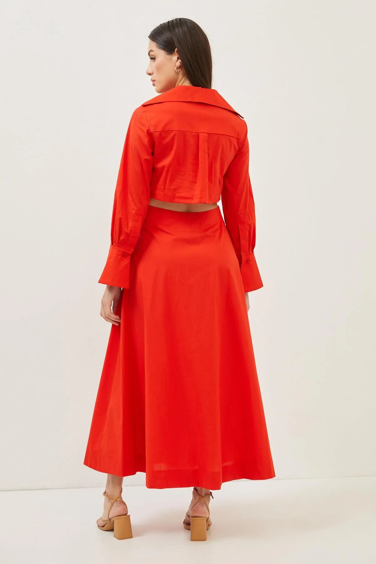 Red Cotton Cut Out Detail Long Sleeve Maxi Dress