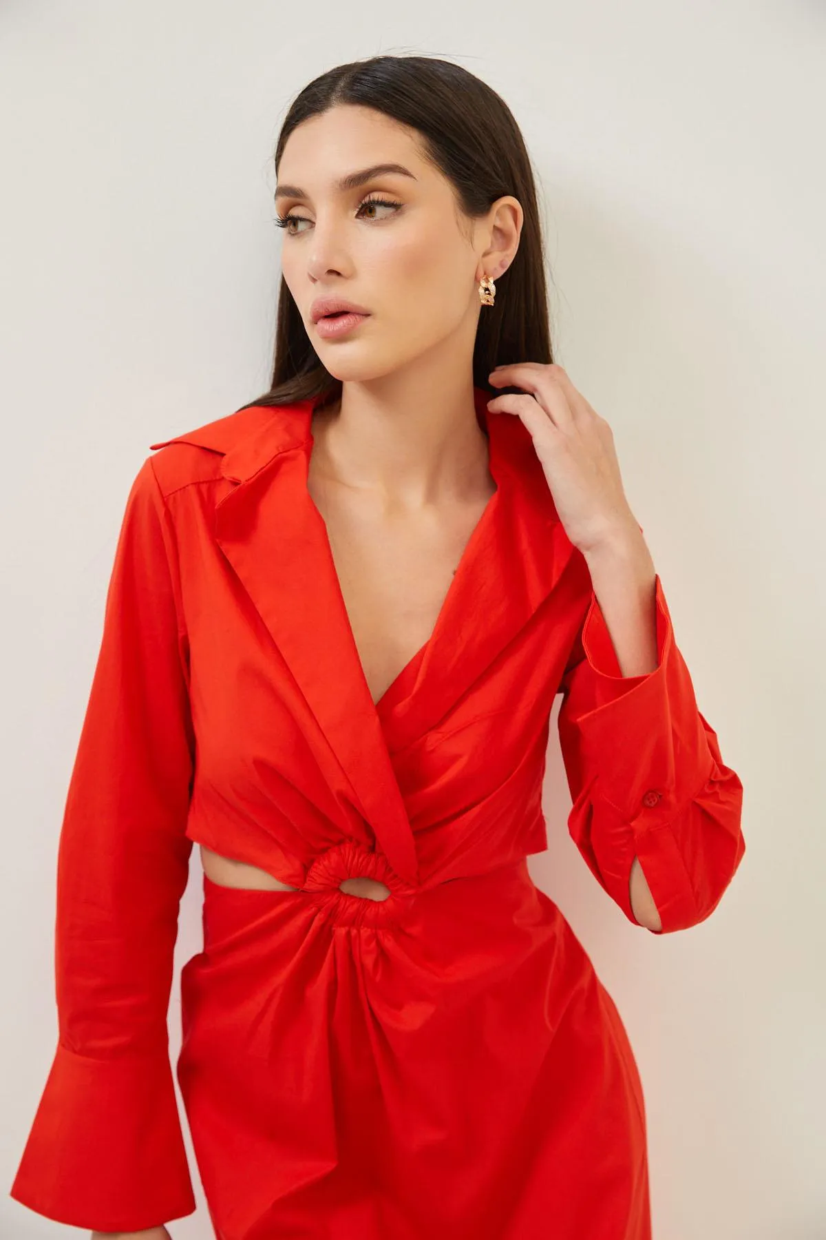 Red Cotton Cut Out Detail Long Sleeve Maxi Dress