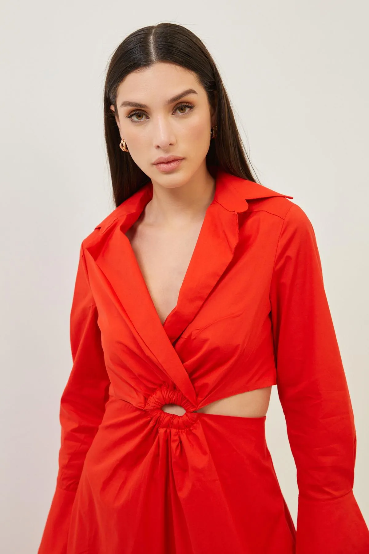 Red Cotton Cut Out Detail Long Sleeve Maxi Dress