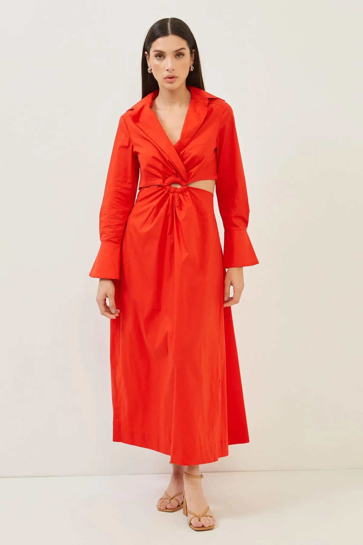 Red Cotton Cut Out Detail Long Sleeve Maxi Dress