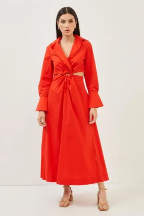 Red Cotton Cut Out Detail Long Sleeve Maxi Dress