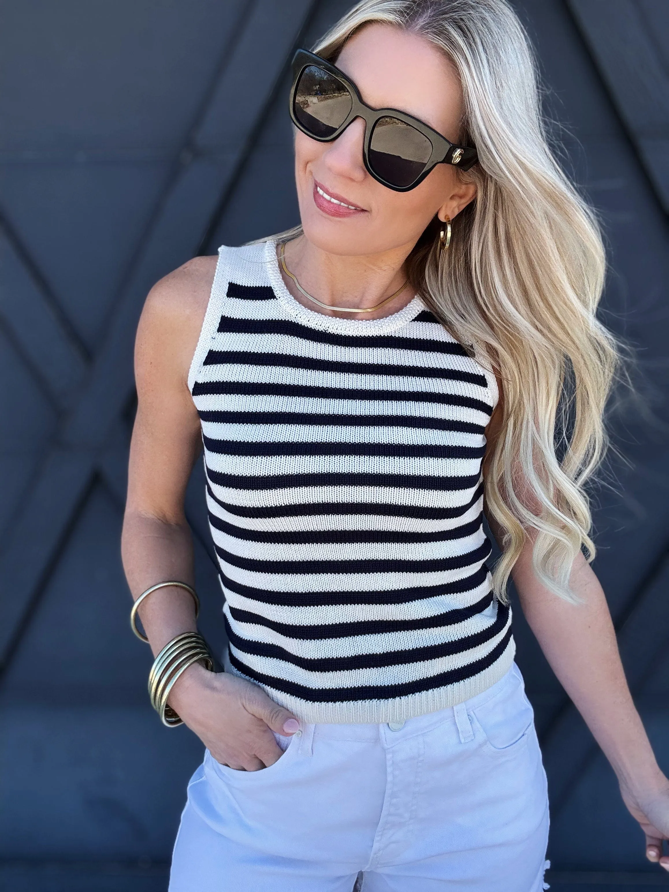 Stripe Sweater Crop In Navy