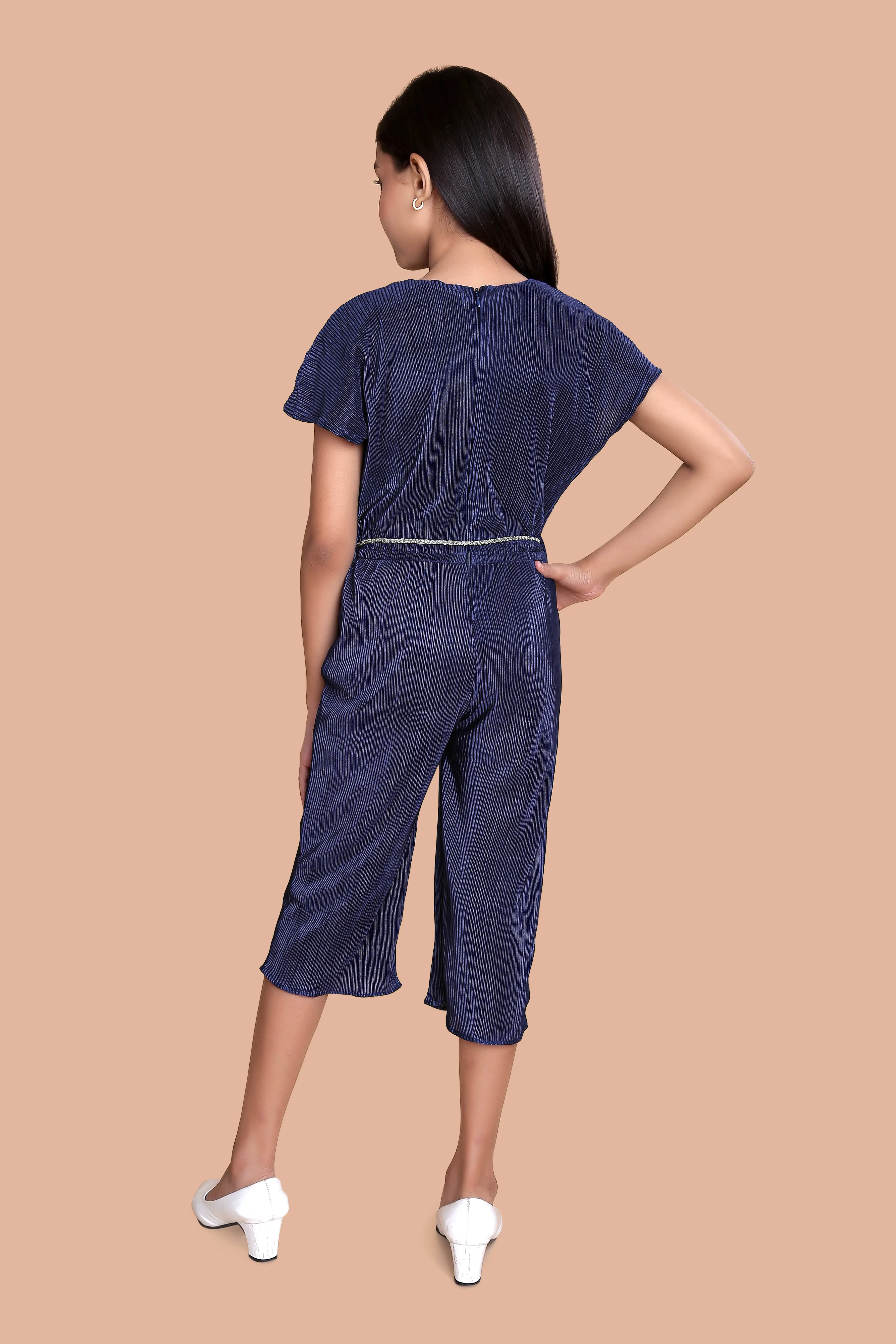 Tiny Girl Round Neck Half Sleeve Jumpsuit With Shimmering Belt