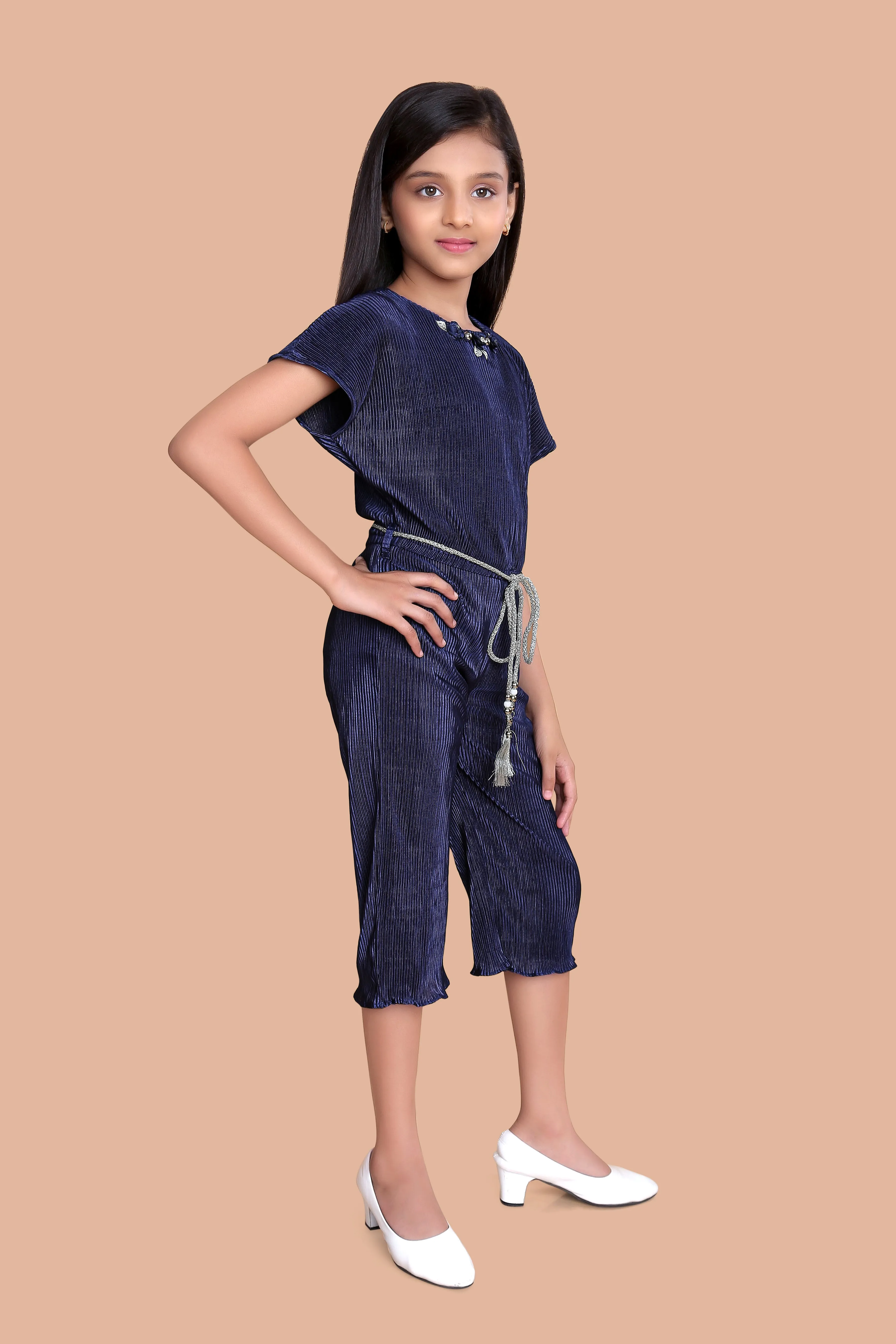 Tiny Girl Round Neck Half Sleeve Jumpsuit With Shimmering Belt