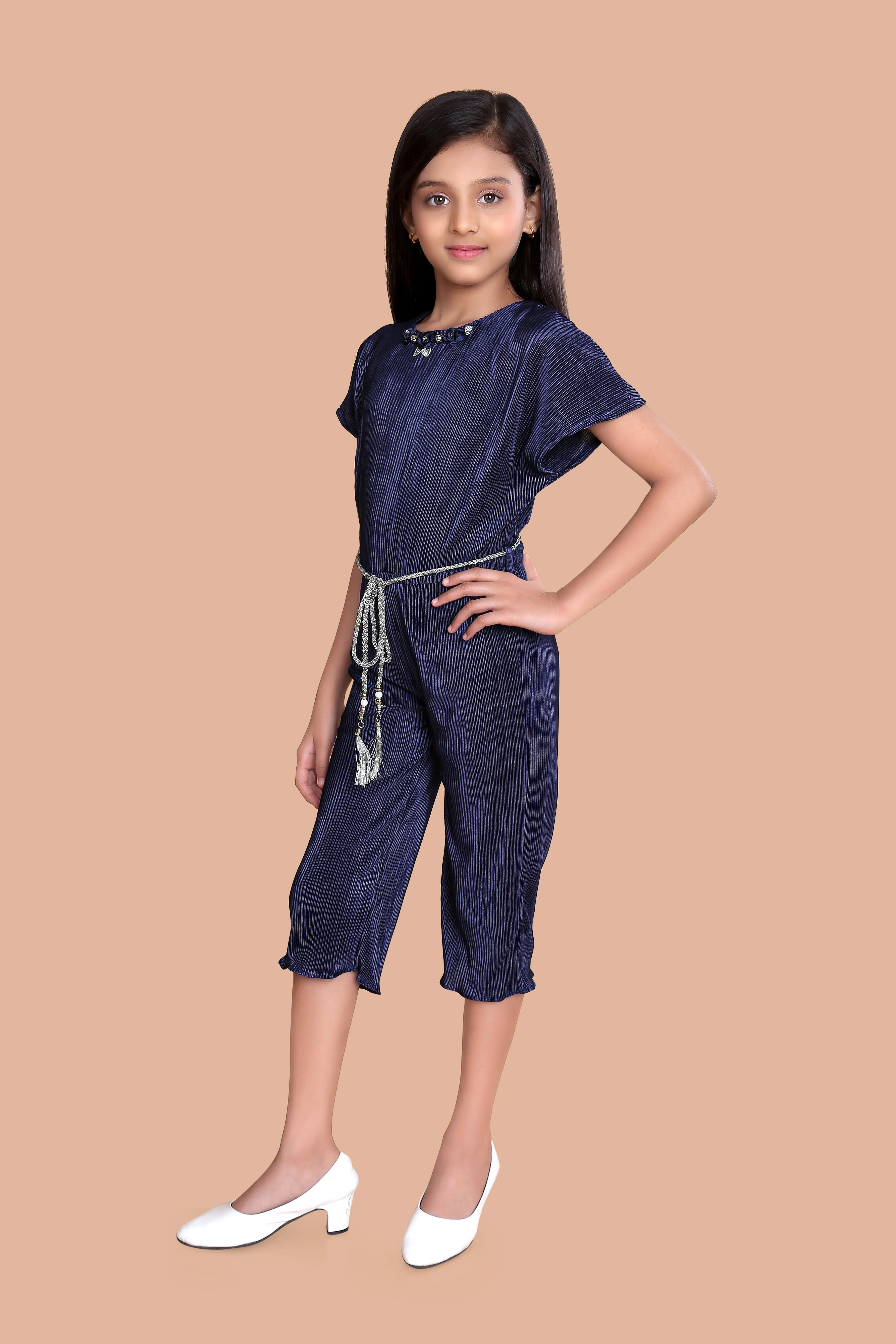 Tiny Girl Round Neck Half Sleeve Jumpsuit With Shimmering Belt