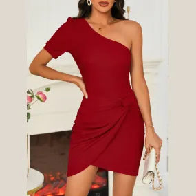 Twisted Single Shoulder Short Sleeve Dress