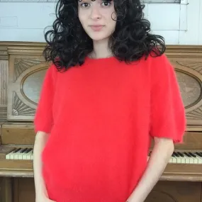 Vintage 90s | Fuzzy Angora Red Orange Short Sleeve Sweater Crop Top | Size M