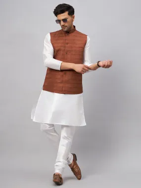 VM BY VASTRAMAY Men's Coffee Matka Silk Nehru Jacket With White Silk Blend Kurta Pyjama Set
