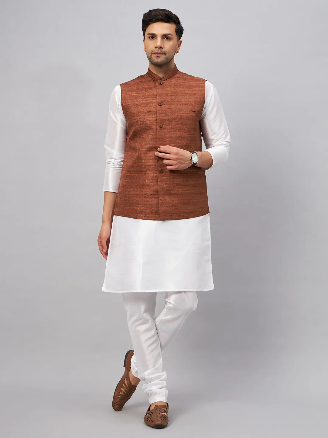 VM BY VASTRAMAY Men's Coffee Matka Silk Nehru Jacket With White Silk Blend Kurta Pyjama Set