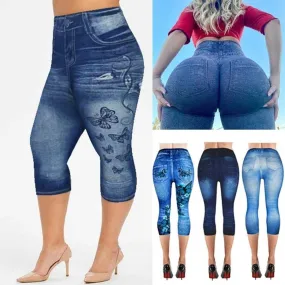 Women's Capri Leggings In Jeans 3/4 Summer Leggings Jeggings Skinny Butterfly Printed